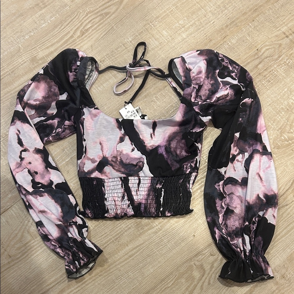 Floral Puff Sleeve Top - Pink and Black